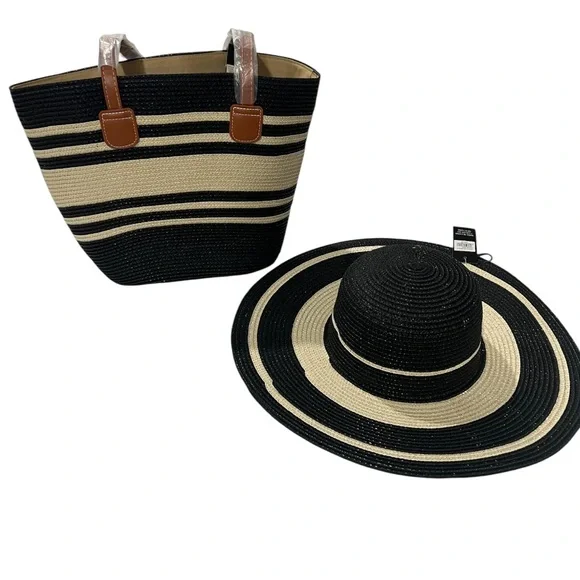 1378. Striped Black and Cream Tote Bag and Matching Sun Hat - Picture 1 of 6